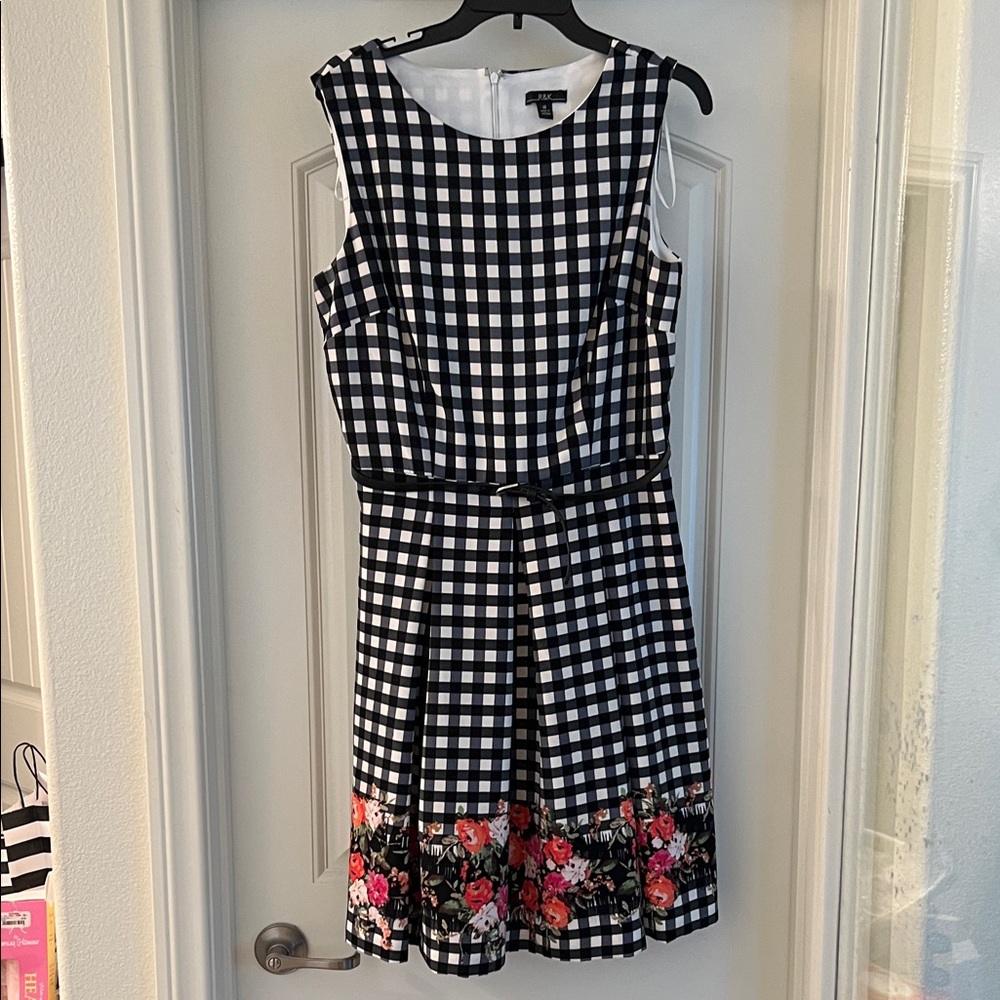 R&K Black and White Gingham Midi Dress with Floral Border
